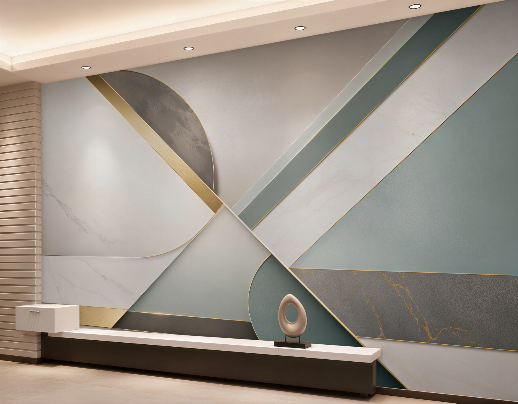 Fototapeten geometrische Abstraktion beige-grün mit goldenen Linien modern