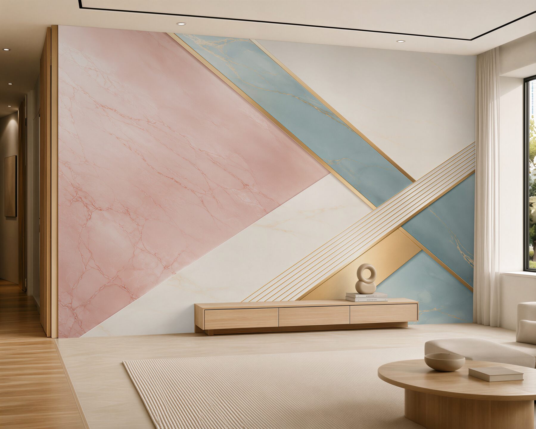 Fototapeten rosa-blauer Marmor mit goldenen Linien geometrische Eleganz