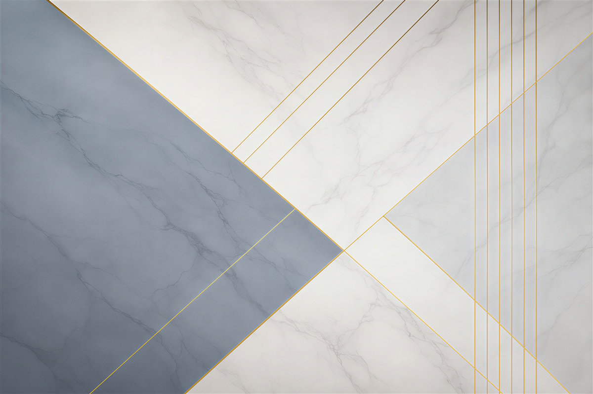 Fototapeten geometrischer weiß-blauer Marmor mit goldenen Linien