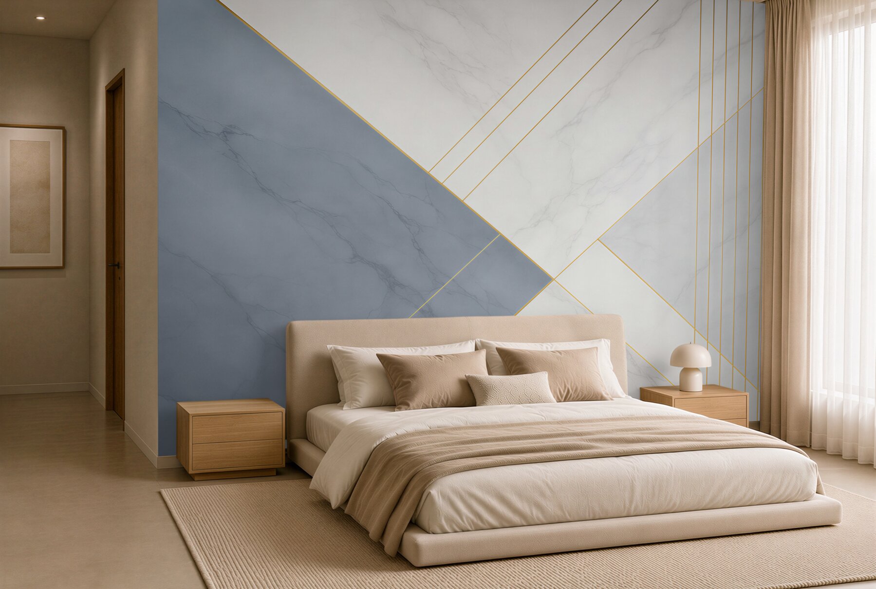 Fototapeten geometrischer weiß-blauer Marmor mit goldenen Linien