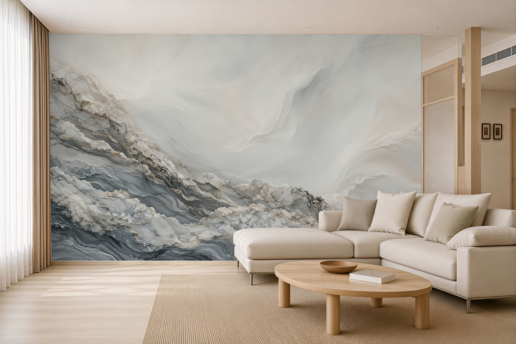 Fototapeten abstrakte Marmorwellen grau-gold modern