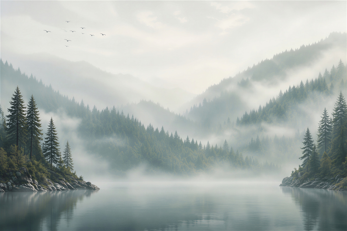 Fototapeten Berglandschaft im Nebel über einem ruhigen Waldsee