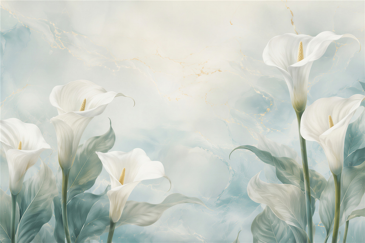 Fototapeten weiße Callas auf blauem Hintergrund zarte florale Eleganz