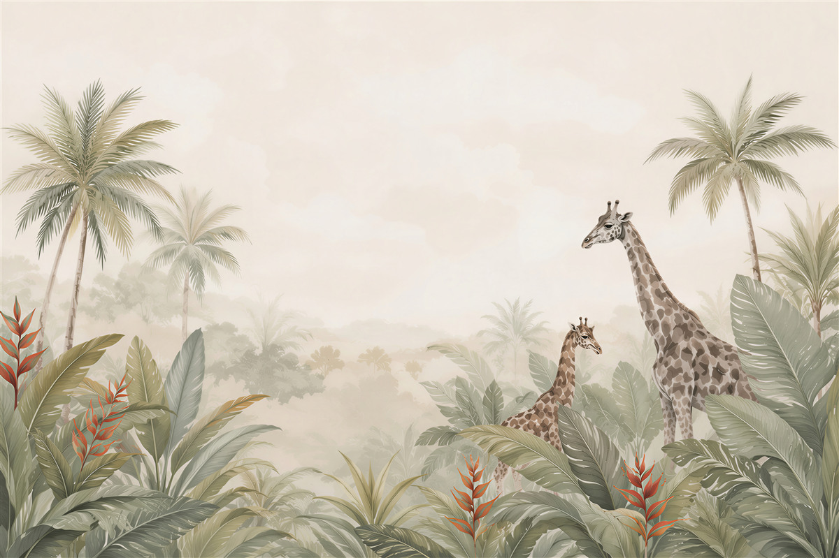Fototapeten Giraffen im pastellbeigen tropischen Dschungel