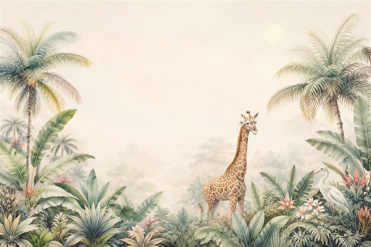 Fototapeten Giraffe zwischen Palmen und exotischen Pflanzen Pastell-Safari