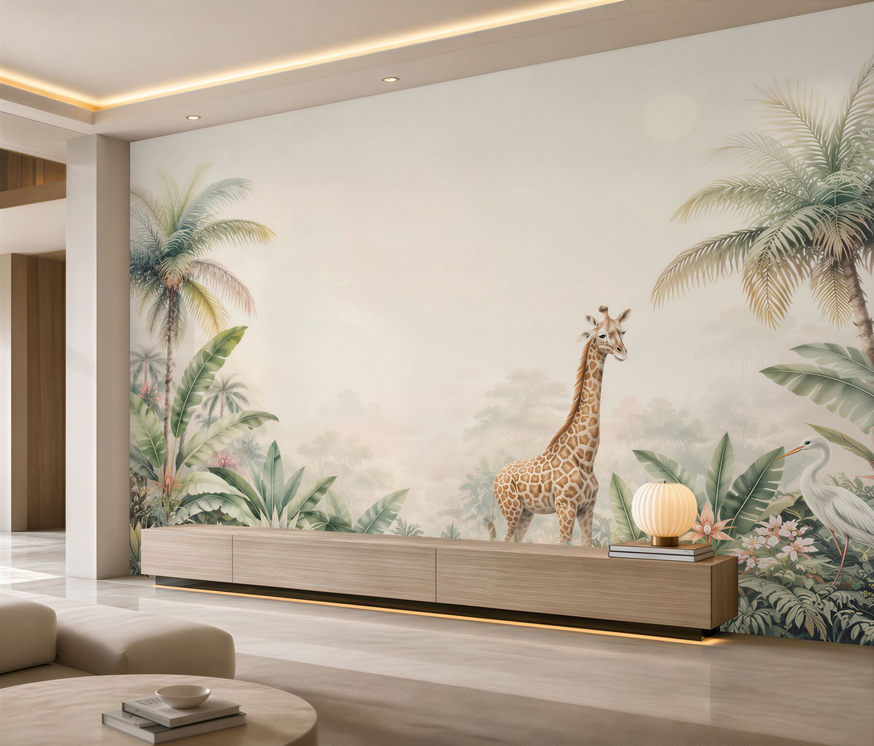 Fototapeten Giraffe zwischen Palmen und exotischen Pflanzen Pastell-Safari