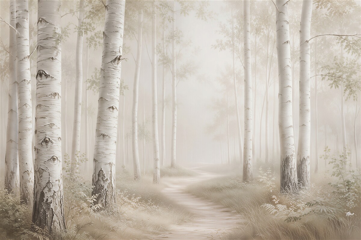 Fototapeten Birkenwald im Nebel beiger Waldweg zu einem ruhigen Innenraum