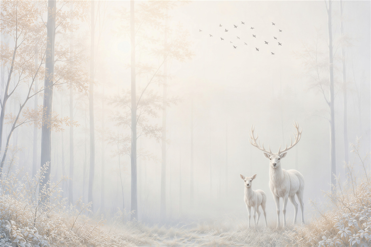 Fototapeten weiße Rehe im nebligen Wald beige-grau für ein ruhiges Wohnzimmer
