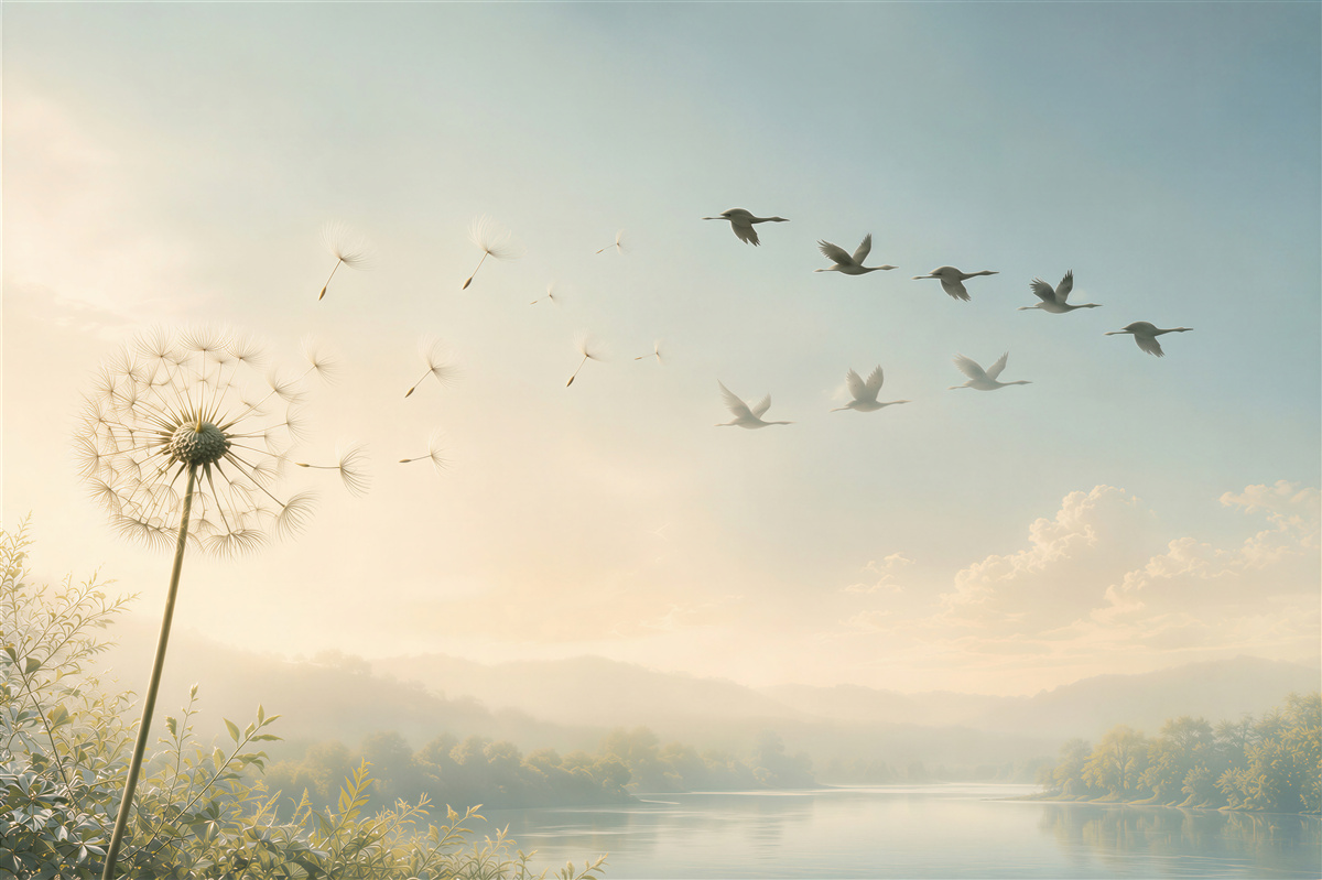Fototapeten Löwenzahn und fliegende Vögel über einem See in hellen Pastellfarben