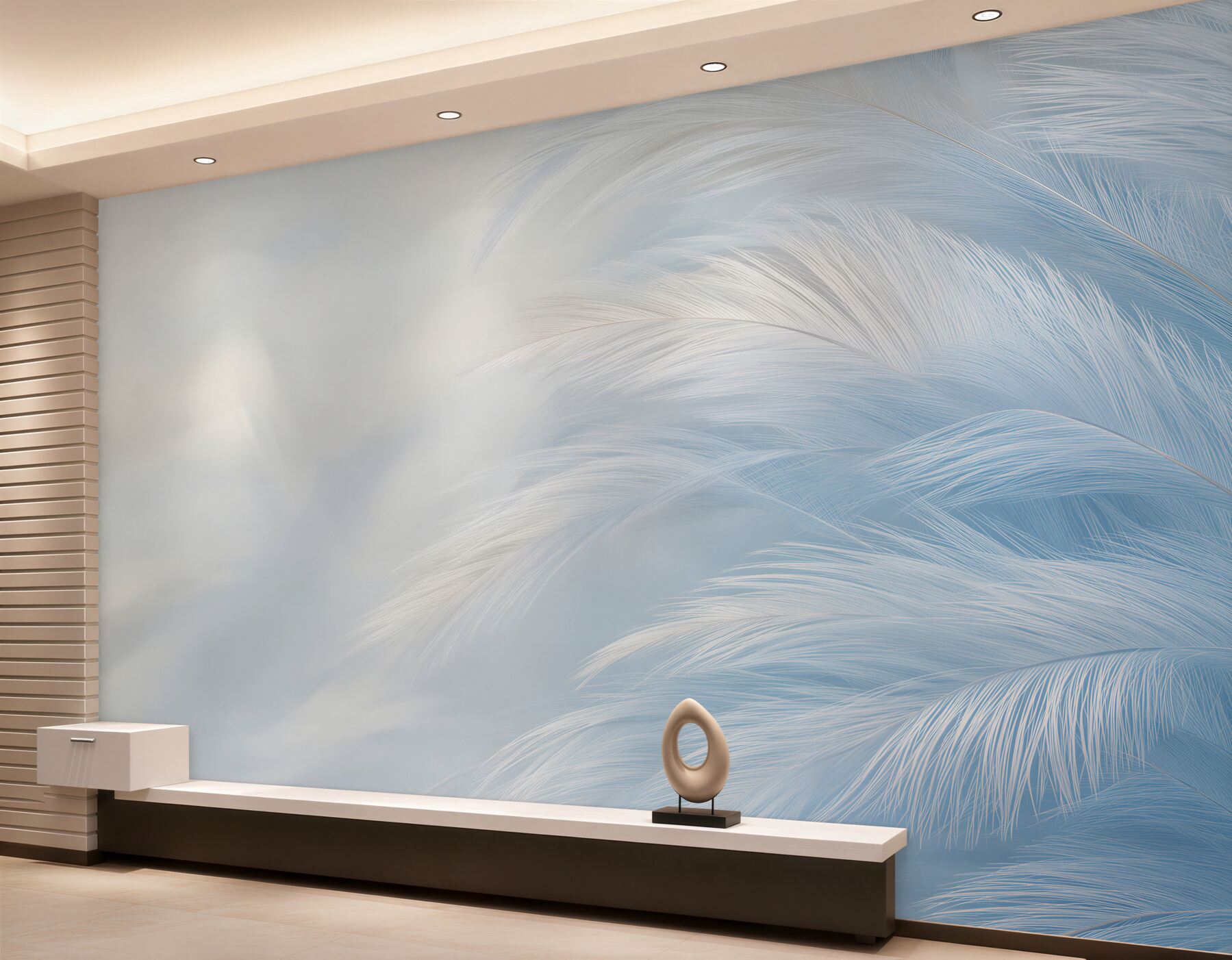 Fototapeten zarte weiße Federn auf blauem Hintergrund für ein elegantes Schlafzimmer