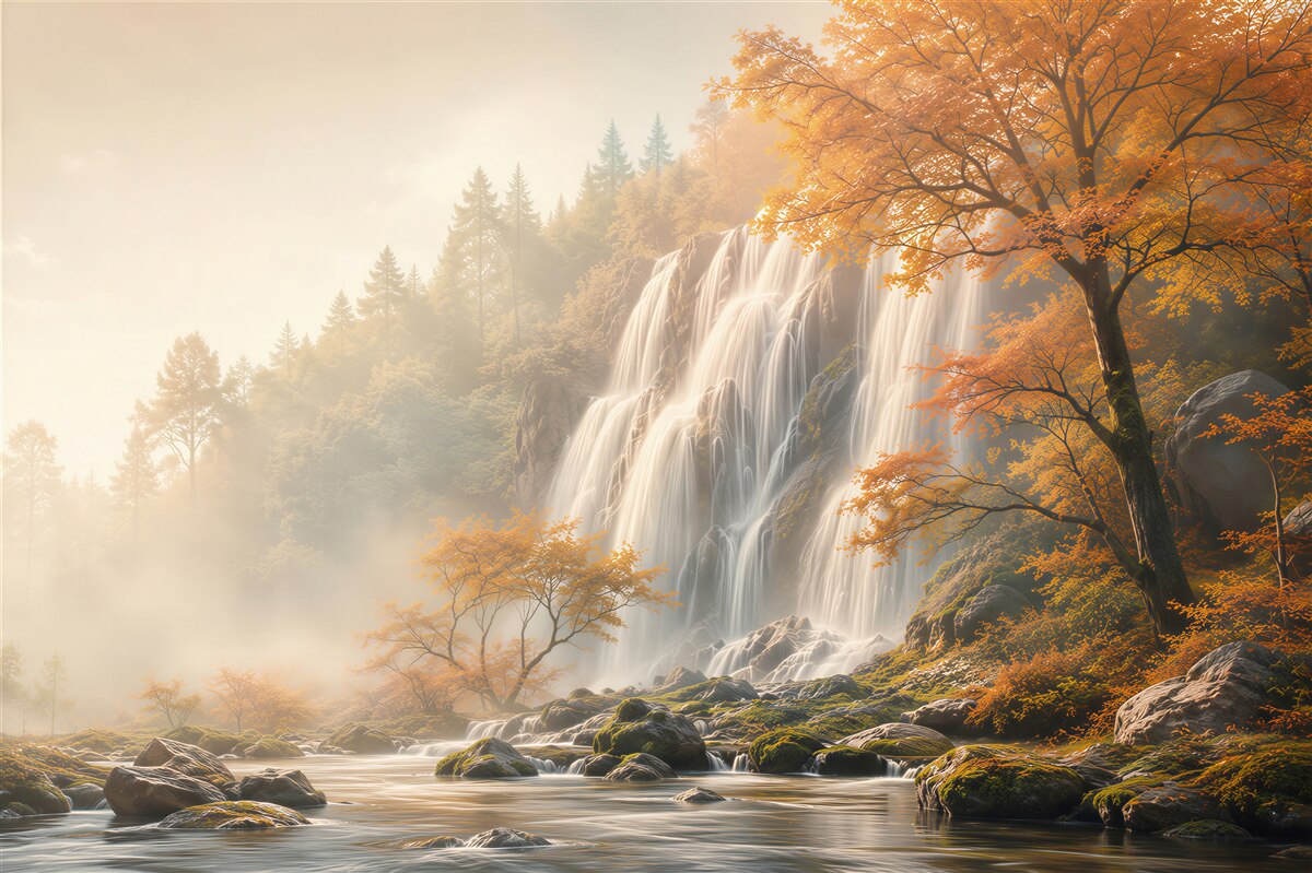 Fototapeten Wasserfall im herbstlichen Wald im Nebel ruhige Landschaft