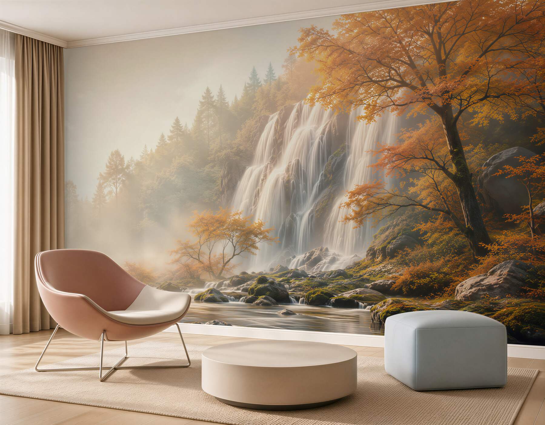 Fototapeten Wasserfall im herbstlichen Wald im Nebel ruhige Landschaft