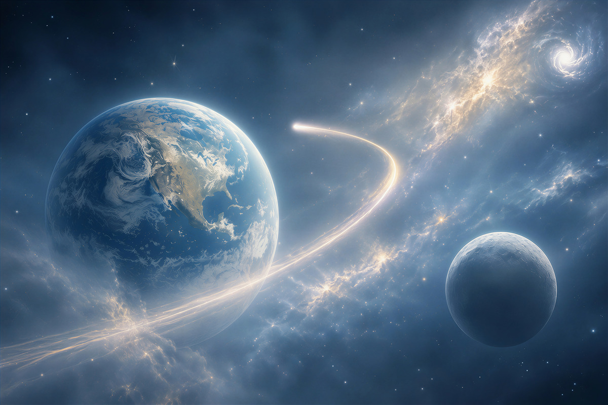 Fototapeten Kosmos mit Planeten und Galaxie in blauen Farbtönen