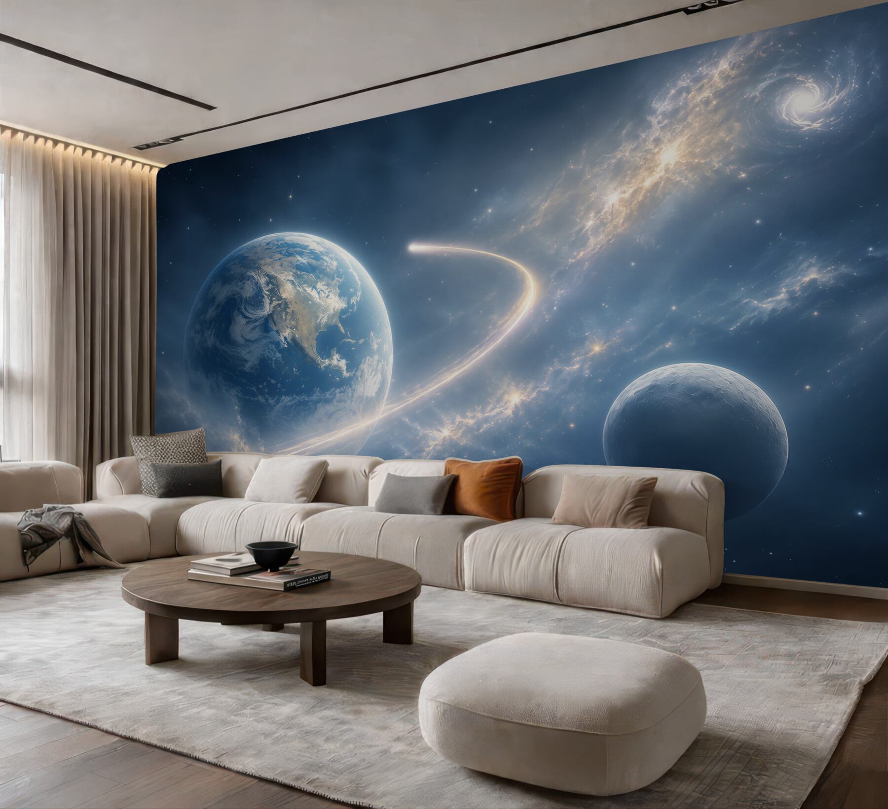 Fototapeten Kosmos mit Planeten und Galaxie in blauen Farbtönen