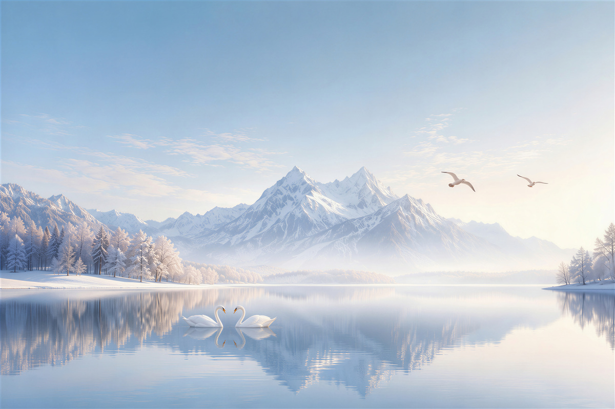 Fototapeten Winterberge über einem See mit Schwänen in hellen Blautönen