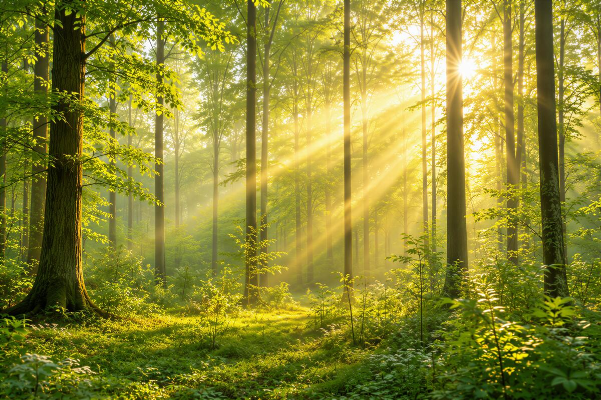 Fototapeten sonniger grüner Wald mit Sonnenstrahlen für das Wohnzimmer