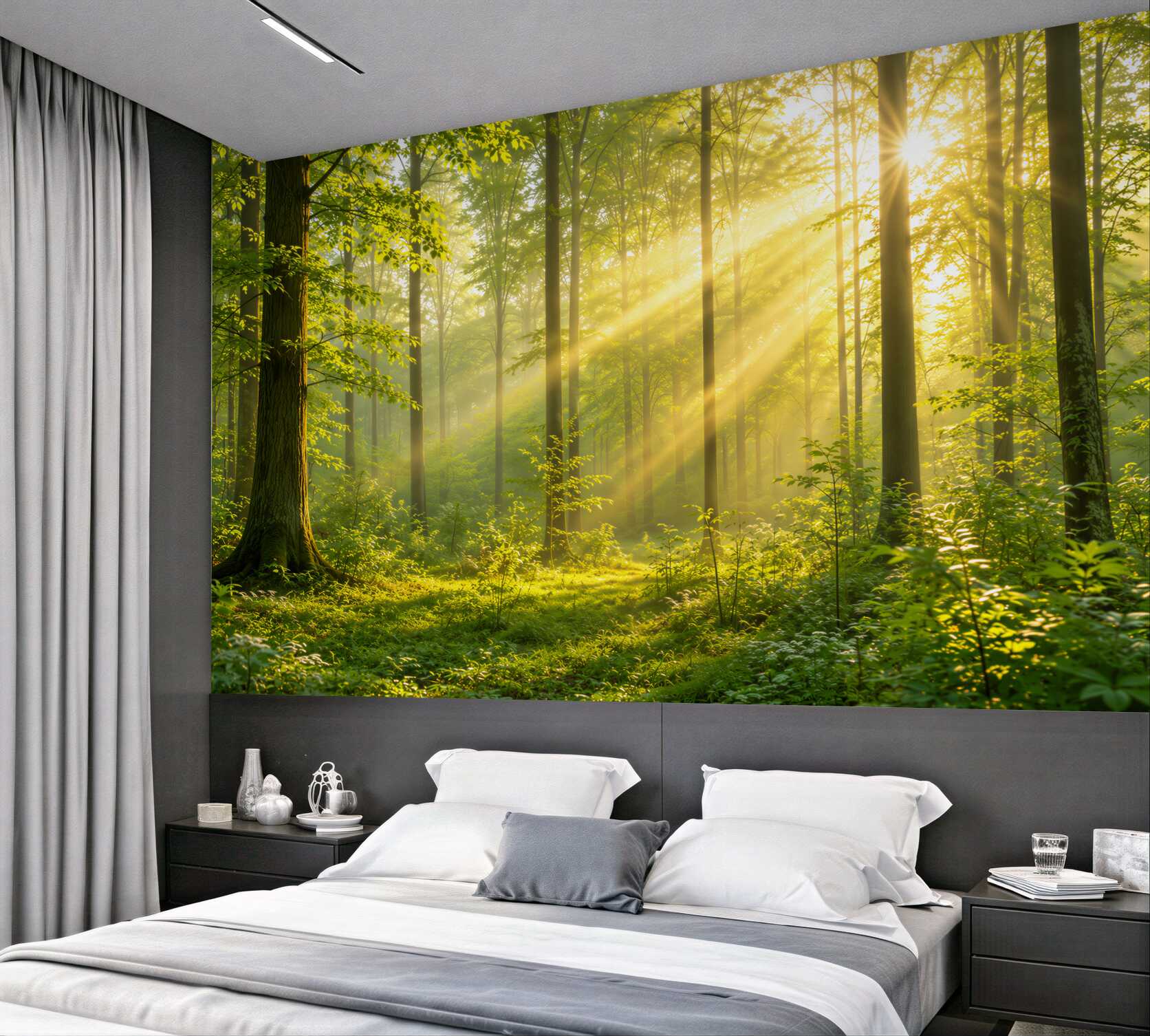 Fototapeten sonniger grüner Wald mit Sonnenstrahlen für das Wohnzimmer