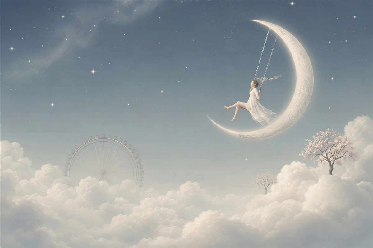 Fototapeten Mädchen auf dem Mond in Wolken pastellene Nachtlandschaft