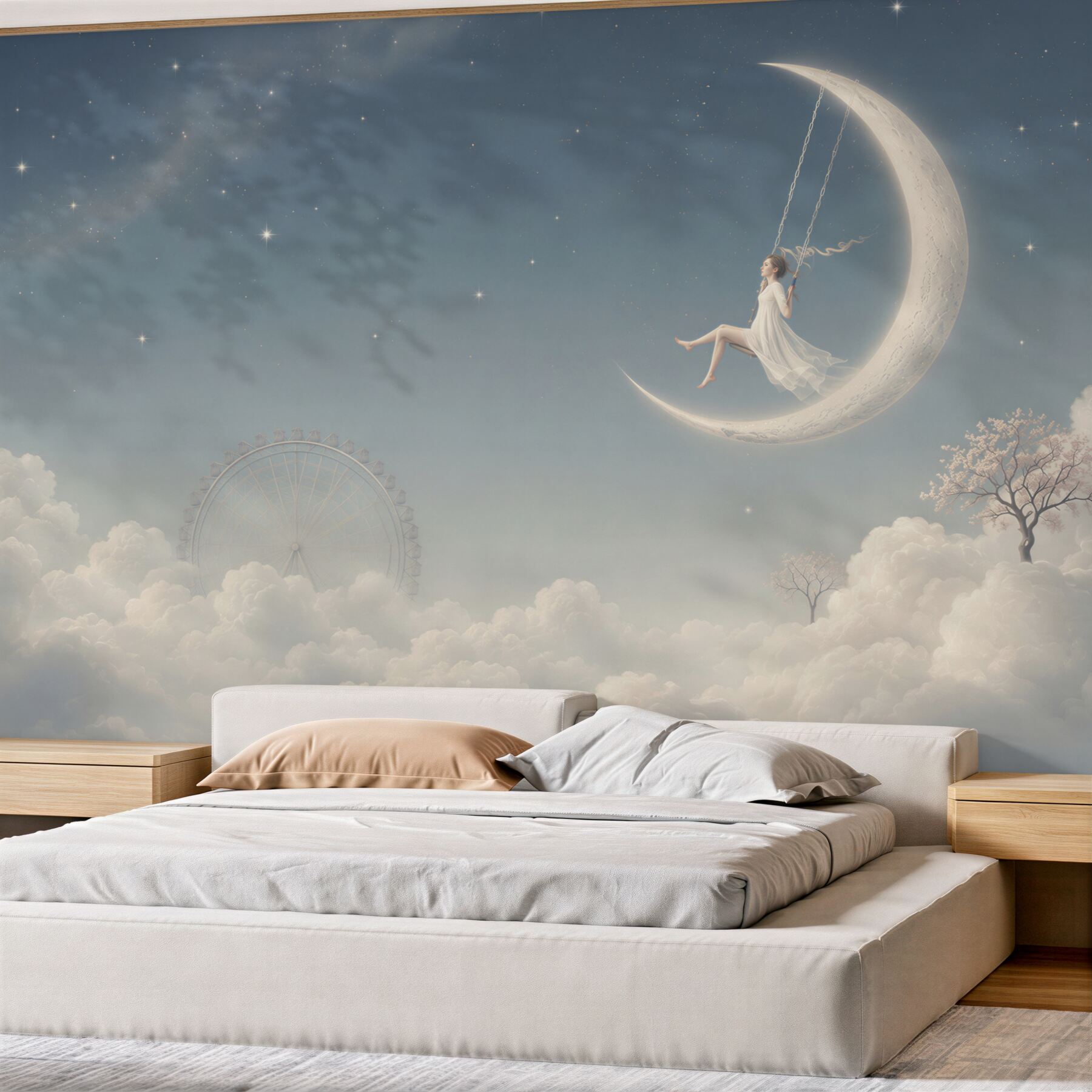 Fototapeten Mädchen auf dem Mond in Wolken pastellene Nachtlandschaft