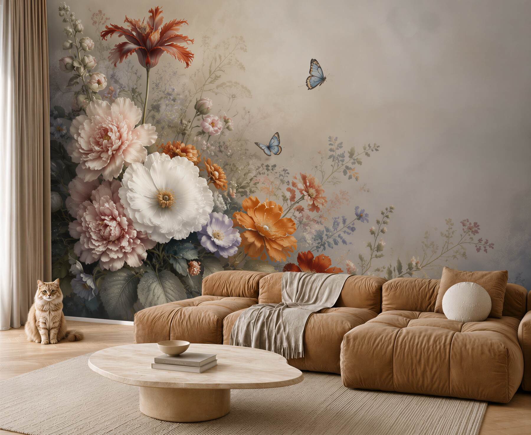 Fototapeten pastellfarbene Blumen mit Schmetterlingen romantisch fürs Schlafzimmer