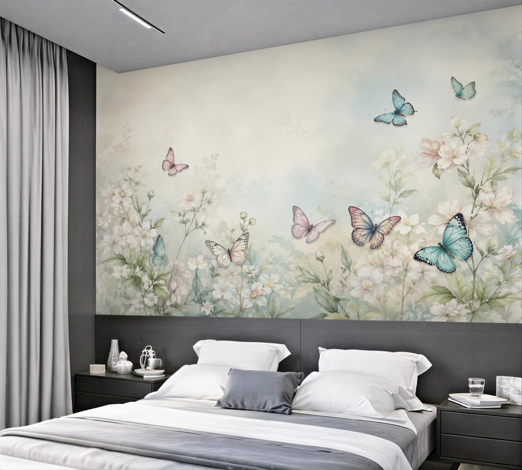 Fototapeten weiße Blumen mit Schmetterlingen auf einer pastellfarbenen Wiese fürs Schlafzimmer
