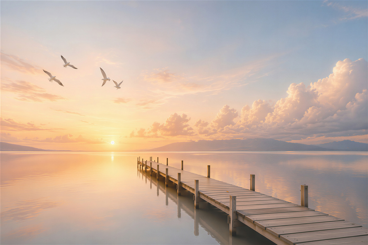 Fototapeten Steg am See bei Sonnenaufgang ruhige Landschaft
