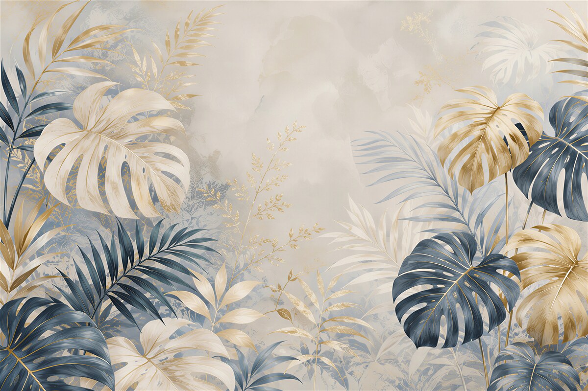 Fototapeten elegante tropische Monstera-Blätter in marineblau und gold für das Wohnzimmer