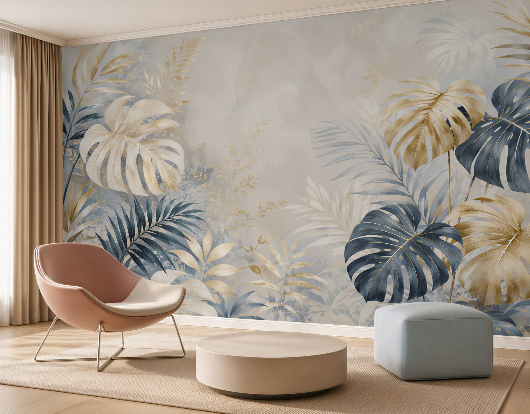Fototapeten elegante tropische Monstera-Blätter in marineblau und gold für das Wohnzimmer