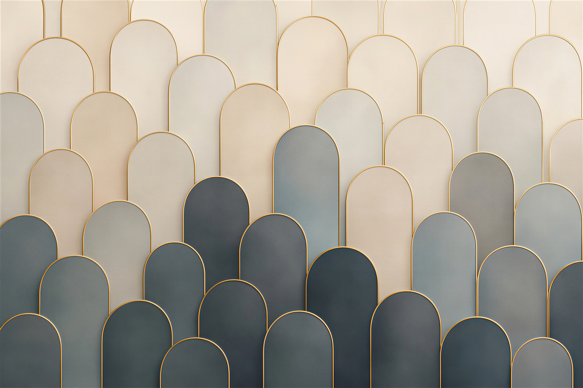 Fototapeten geometrische Bögen beige-navy mit goldenen Linien Art déco