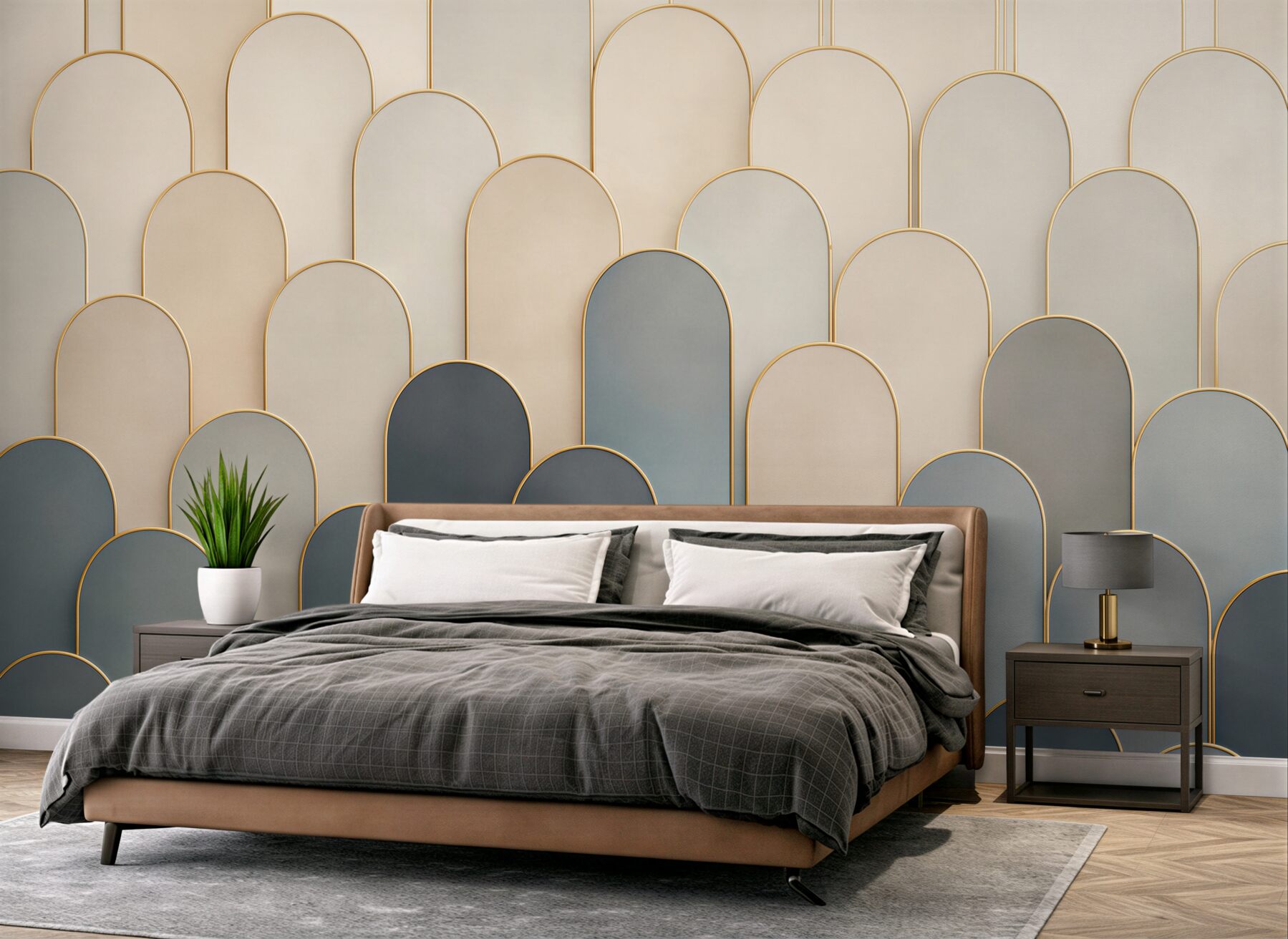 Fototapeten geometrische Bögen beige-navy mit goldenen Linien Art déco
