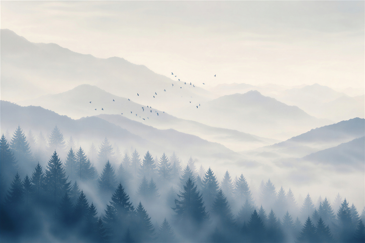 Fototapeten Berge im Nebel mit Wald und Vögeln ruhig