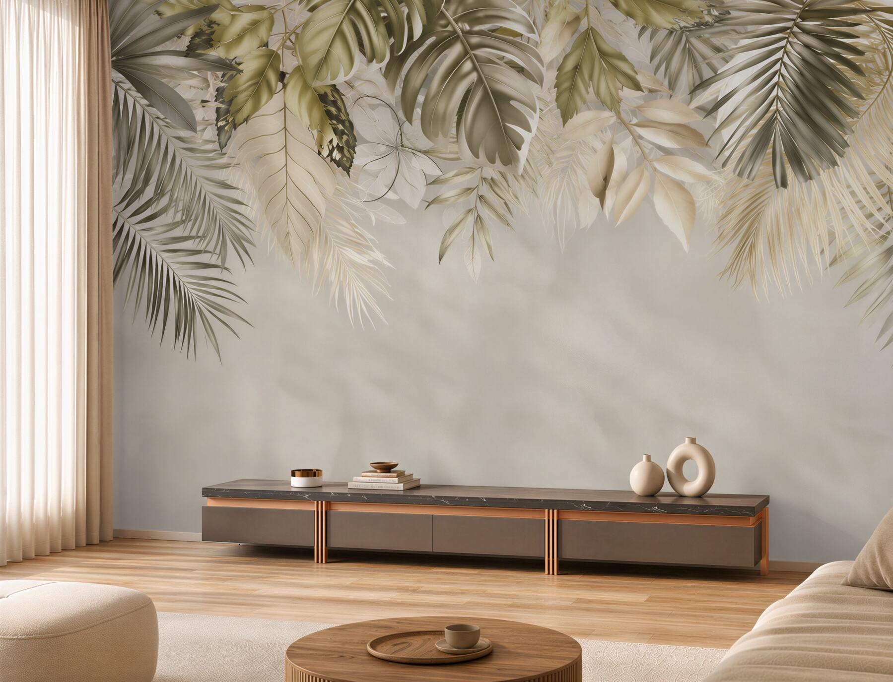 Fototapeten elegante beige tropische Blätter für das Wohnzimmer