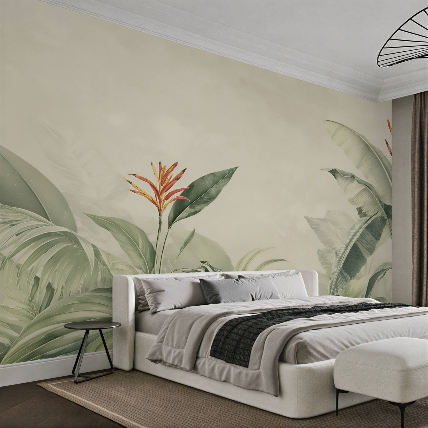 Fototapeten tropische Blätter und Strelitzien in Grün für ein elegantes Wohnzimmer