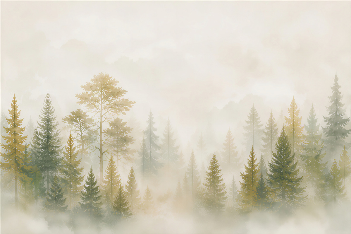 Fototapeten Kieferwald im Nebel in sanften Beigetönen und Grün