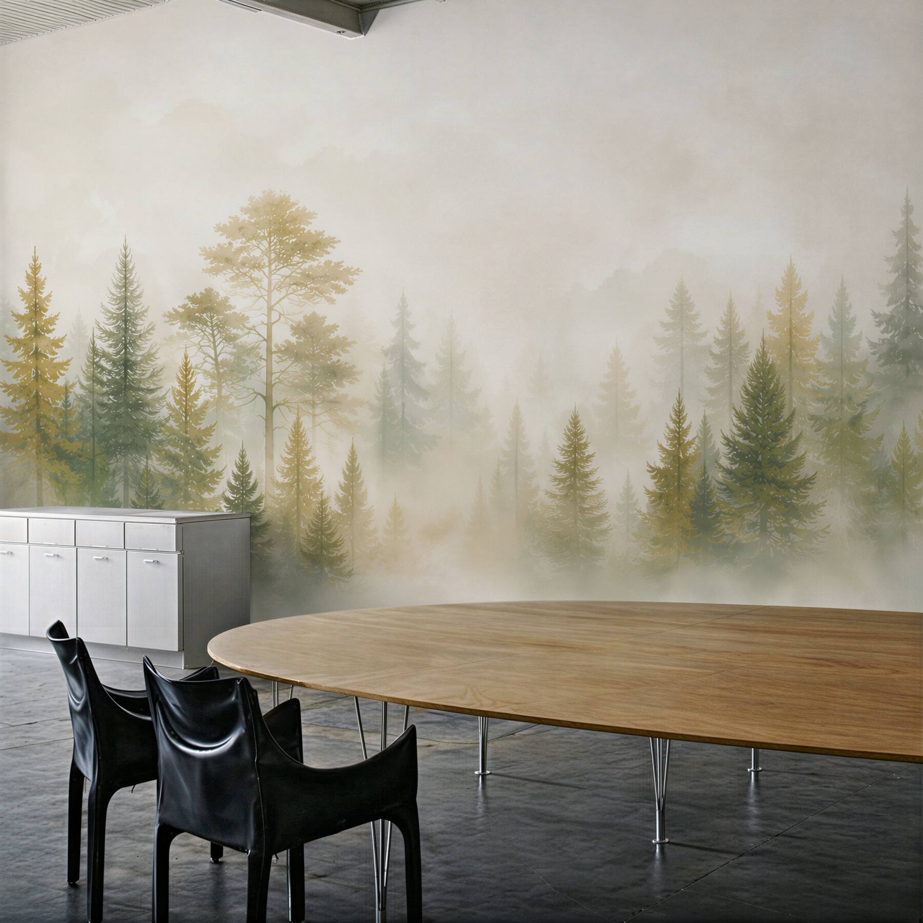 Fototapeten Kieferwald im Nebel in sanften Beigetönen und Grün