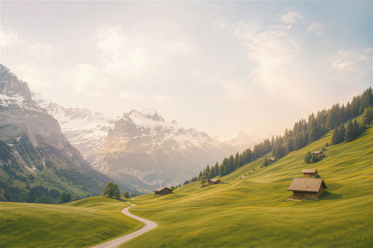 Fototapeten Weg durch eine grüne Wiese zu den Bergen