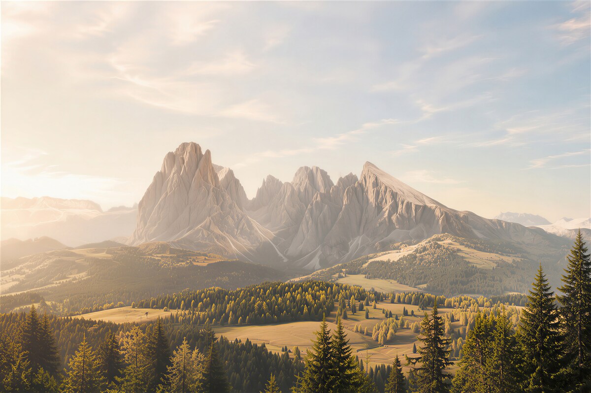 Fototapeten dichter Wald und Langkofel Berge