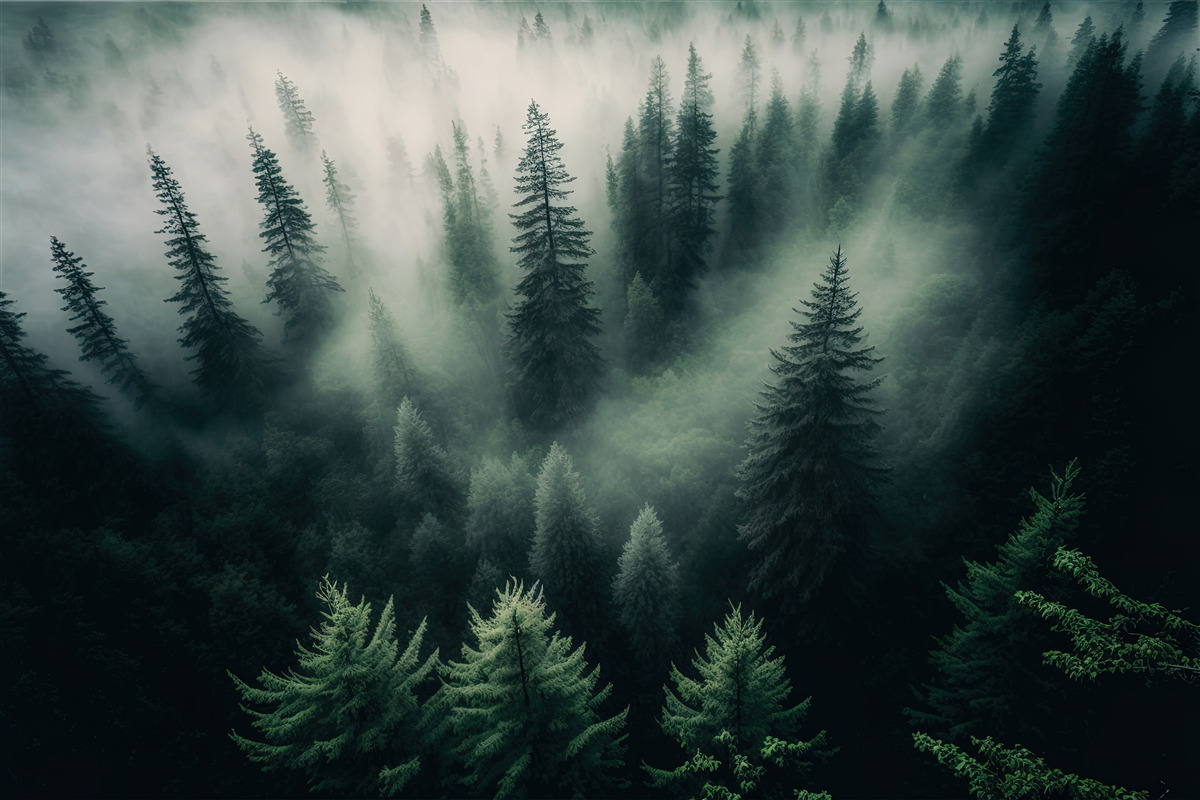 Fototapeten Nebel im nächtlichen Nadelwald