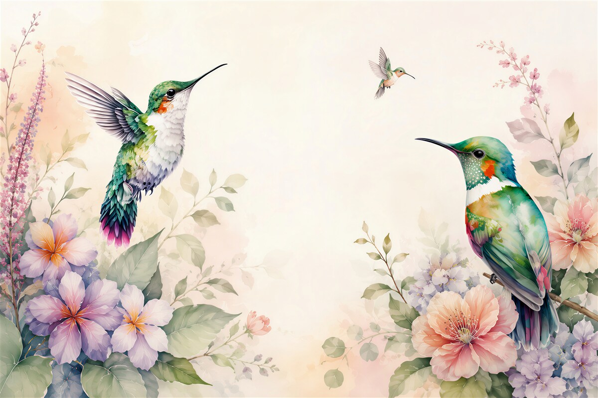 Fototapeten Kolibris, die durch Blumen kommunizieren