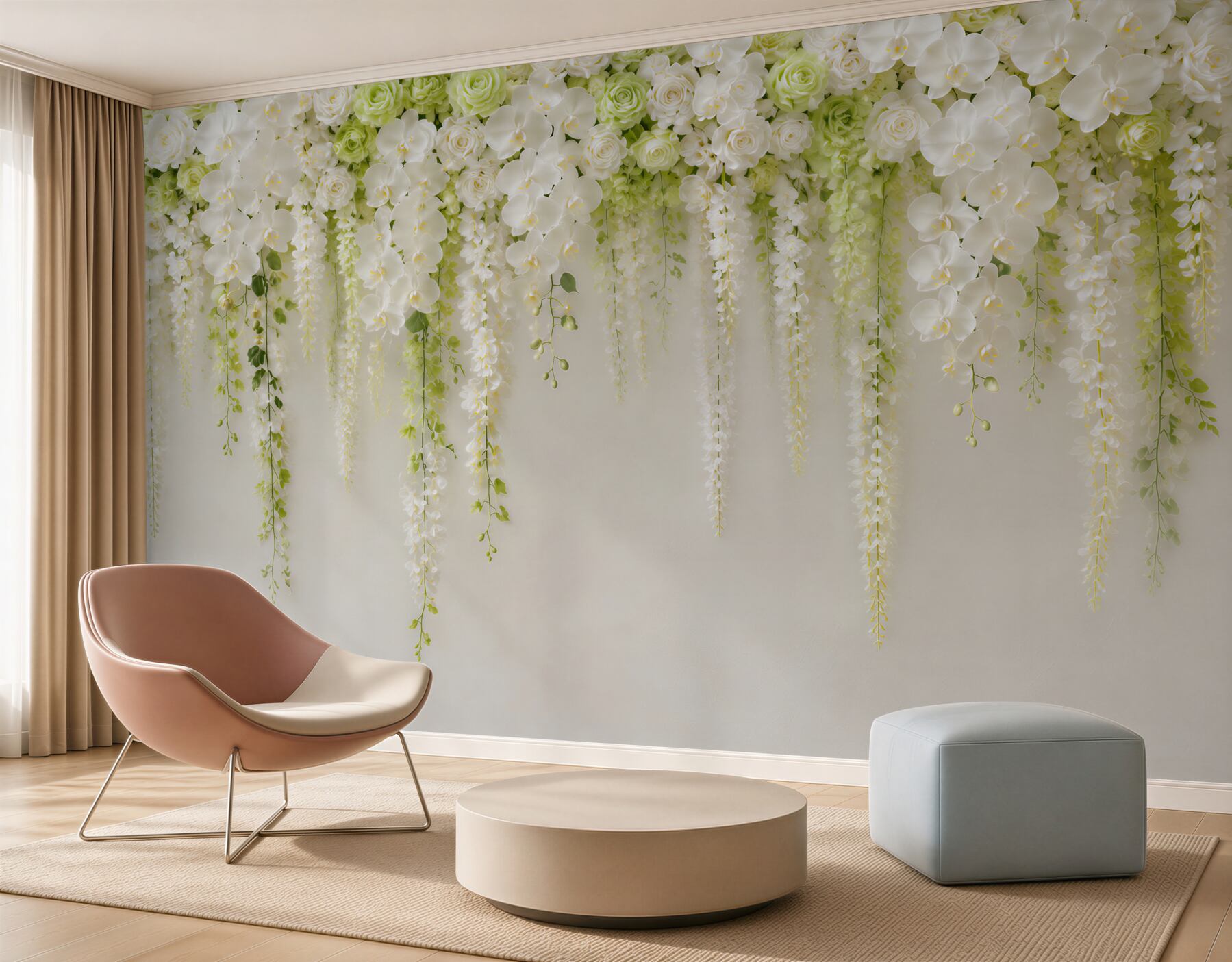 Fototapeten Wand mit weißen Orchideenblüten