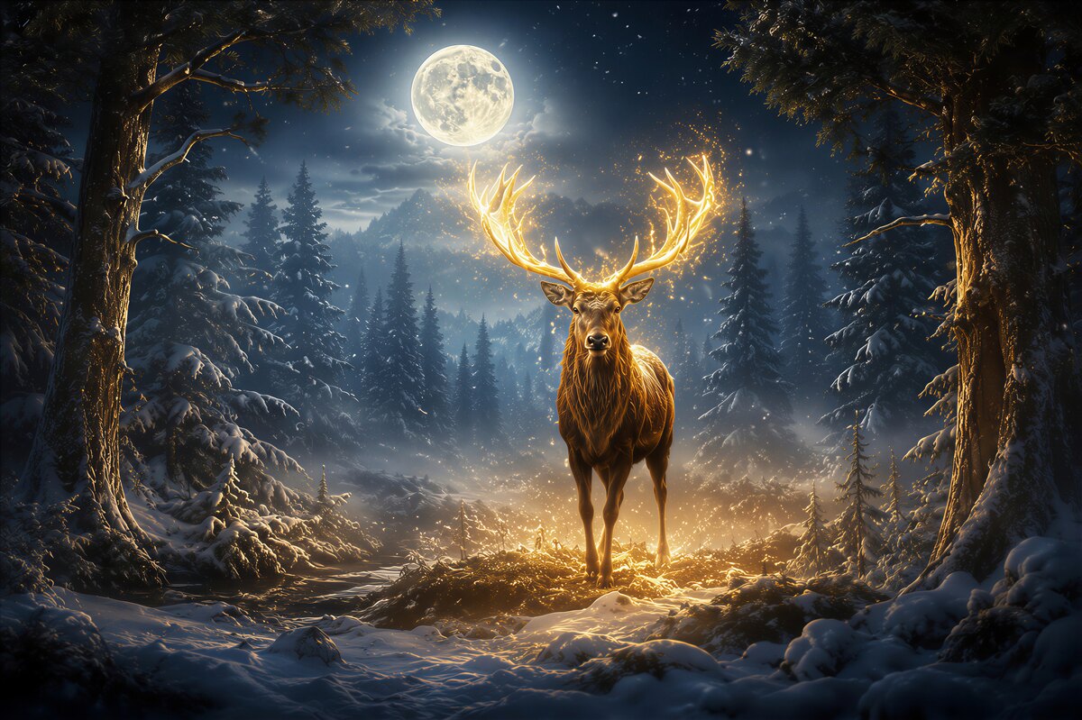 Fototapeten mystischer Hirsch und goldener Mond