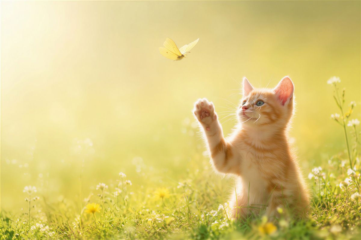 Fototapeten Kätzchen spielt mit einem Schmetterling auf der Wiese