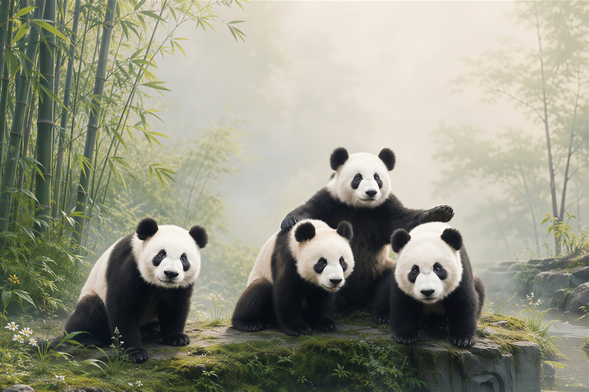 Fototapeten charmante Pandafamilie im Urlaub