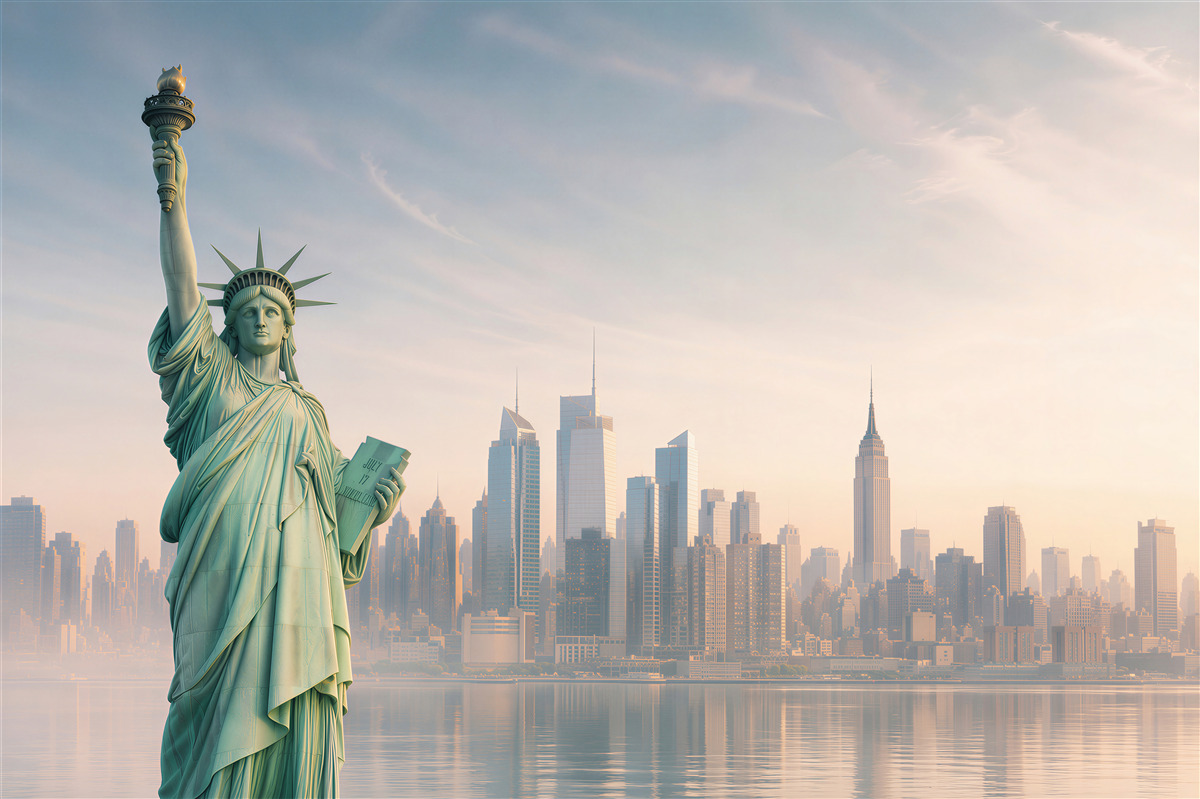 Fototapeten Freiheitsstatue mit New York im Hintergrund