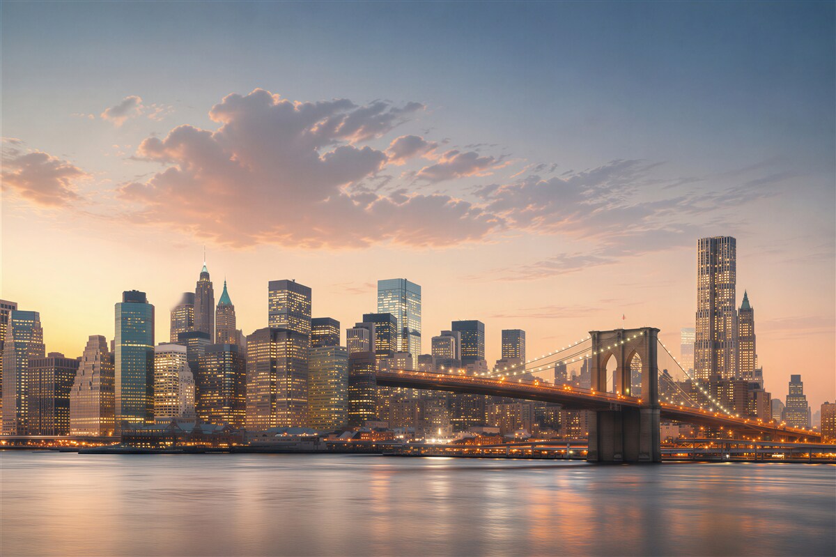 Fototapeten Brooklyn Bridge mit Stadt im Hintergrund bei Nacht