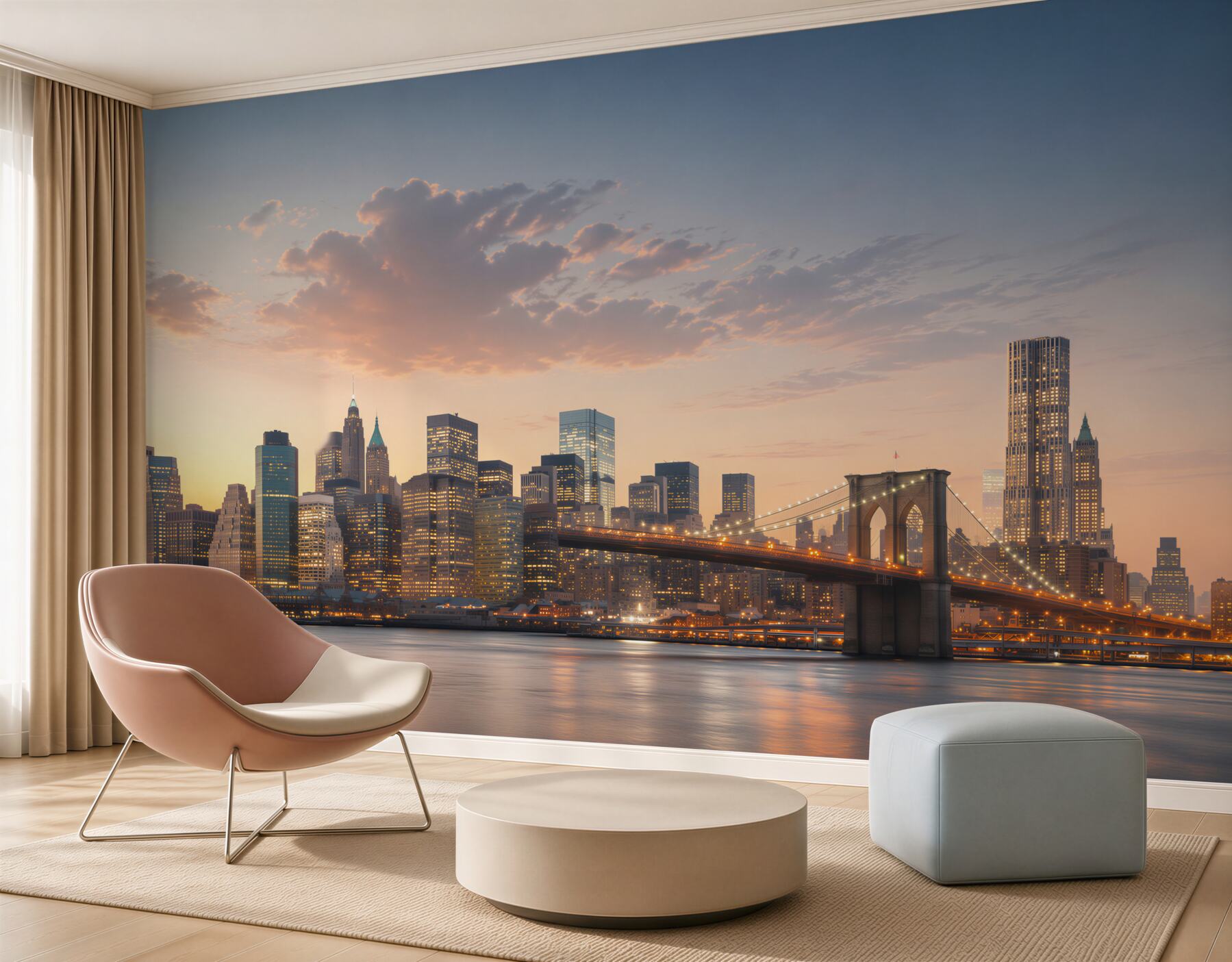 Fototapeten Brooklyn Bridge mit Stadt im Hintergrund bei Nacht