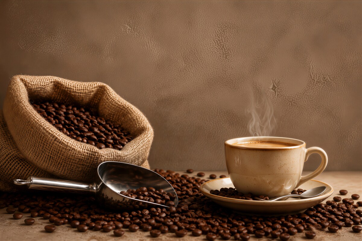 Fototapeten Kaffeebohnen und Kaffeetasse