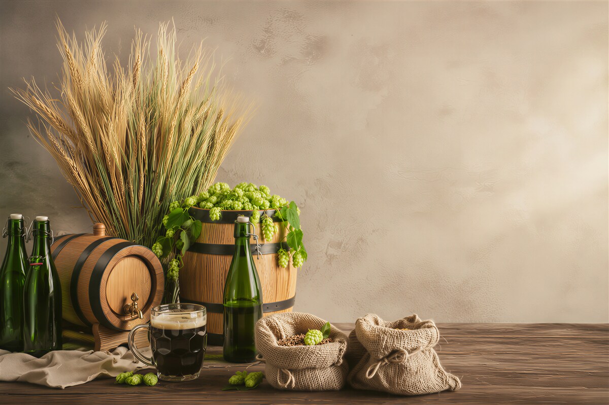 Fototapeten Bier mit Produktionszutaten