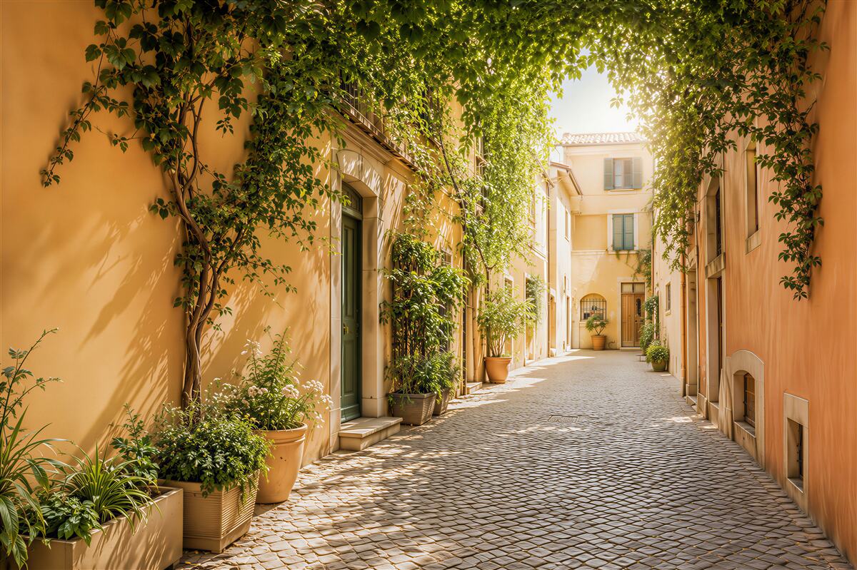 Fototapeten gemütlicher italienischer Innenhof im Grünen
