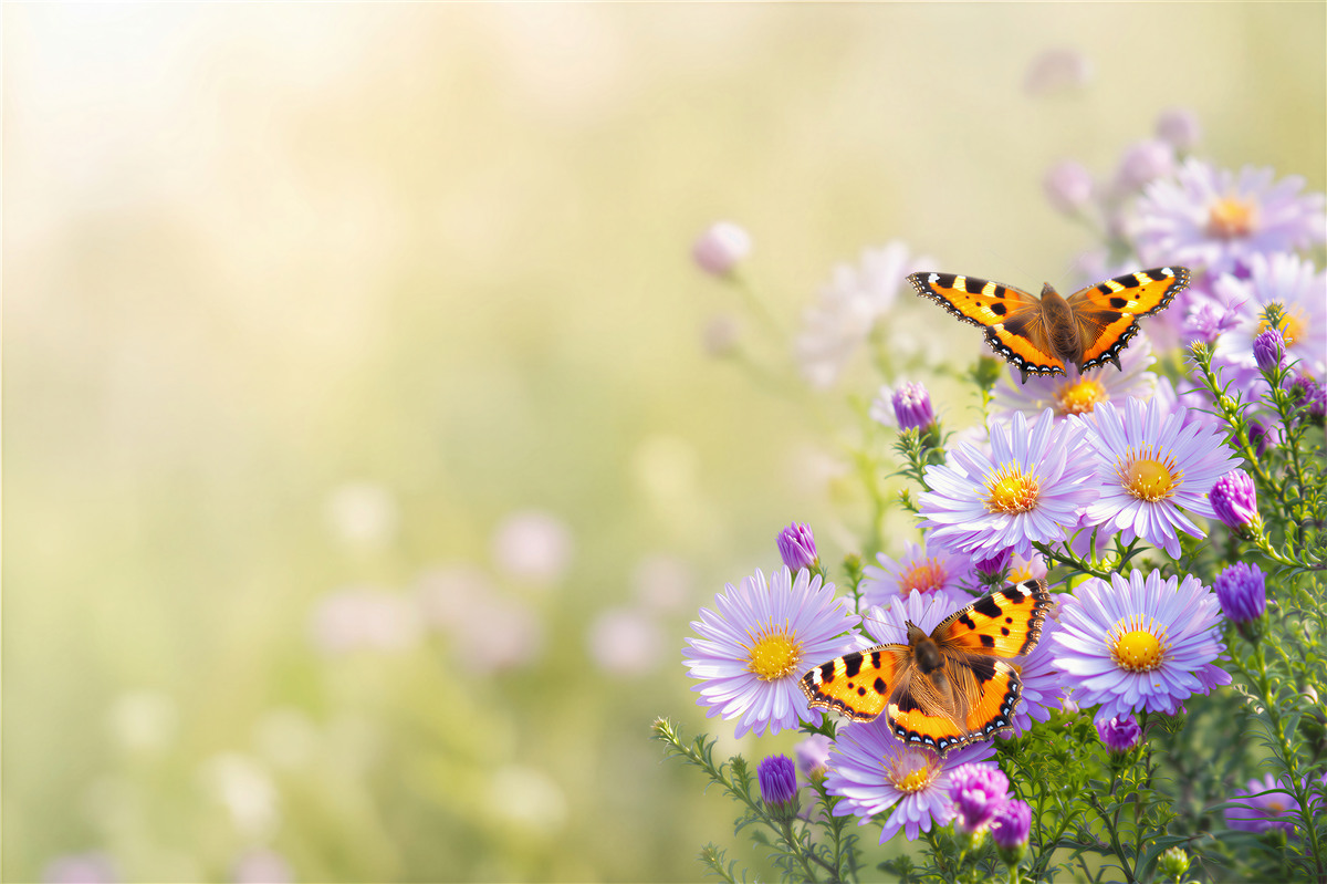 Fototapeten Schmetterlinge in blauen Margeriten